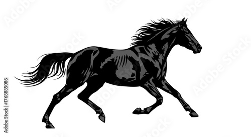 A powerful black horse is galloping forward with its mane flowing, showcasing its strength and.