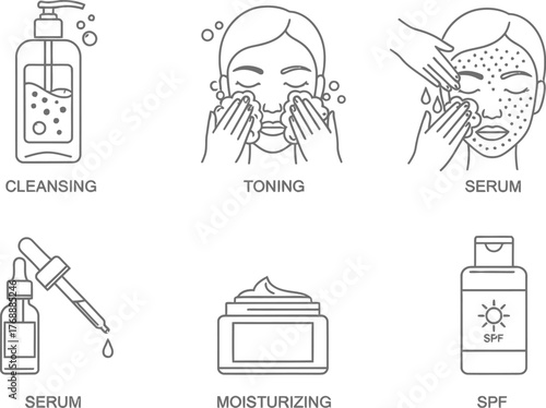 Illustrated skincare routine steps including cleansing toning serum moisturizing and spf application guide