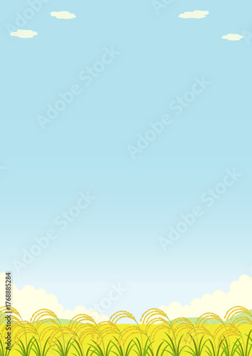 田畑と実った稲の縦型の風景イラスト
