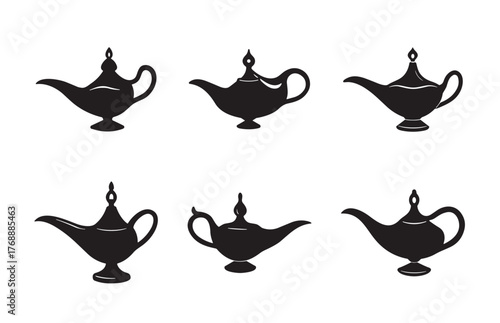 PrintGenie lamp silhouettes, magical artifact, folklore icon, Middle Eastern design, black vector, ornate spout, antique style, mythical object, fantasy illustratio