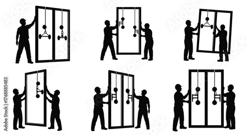 PrintGlass installation silhouette, suction cup lifter, construction workers, teamwork, safety gear, transparent panels, industrial tools, renovation, precision handling, black vector art