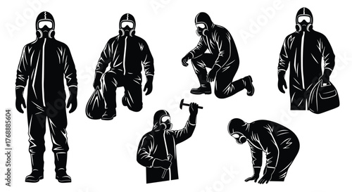 PrintHazmat suit illustration, gas mask, protective gear, safety clothing, contamination control, emergency response, industrial worker, vector silhouette, kneeling pose, equipment handling