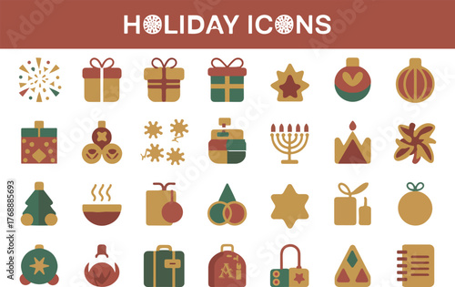 Holiday Icons, Festive Celebration Symbols, Seasonal Gifting Set, Minimalist Vector Collection