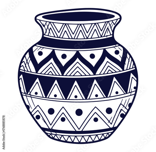 Hand drawn illustration of a decorative navy blue tribal pattern ceramic vase on white background