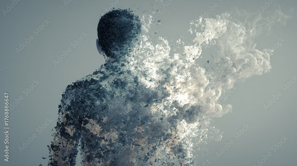 Fototapeta premium The back of a human figure dissolves into ethereal mist, symbolizing transcendence, transformation, and the journey from physical form to spiritual or abstract existence. Hyperrealistic and atmospheri