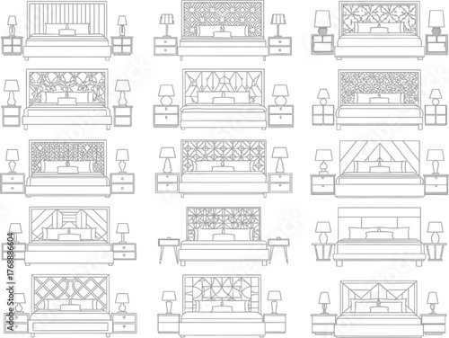 Collection of detailed architectural line drawings showcasing diverse modern bedroom furniture designs with headboards and nightstands