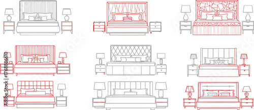 Collection of detailed architectural line drawings showcasing various bedroom furniture designs and layouts for interior design inspiration
