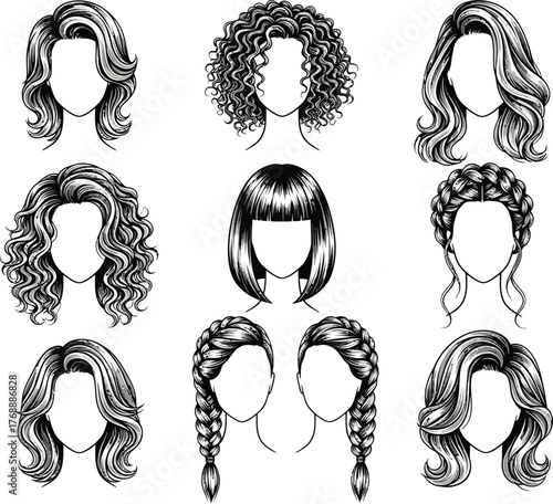 Collection of nine diverse hand drawn black and white illustrations of women s hairstyles showcasing various textures and lengths