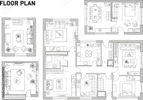 Detailed architectural floor plans showcasing scandinavian style interiors with furniture layouts and room divisions in a clear black and white sketch
