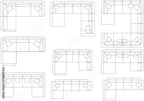 Architectural floor plan layouts for different room configurations showing furniture placement and dimensions in a black and white schematic drawing