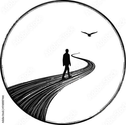 Solitary figure walks a winding path towards the horizon within an oval frame with a bird flying above