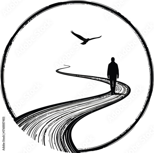 A solitary figure walks down a winding path towards an unknown destination with a bird soaring overhead within an oval frame