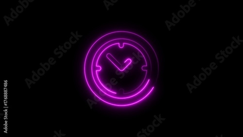 Glowing neon clock icon against black background represents time and punctuality