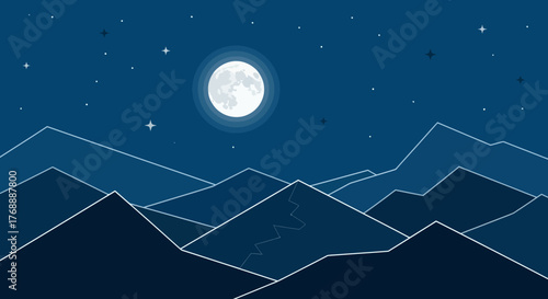 A serene night landscape featuring a full moon illuminating a mountain range under a starry sky.