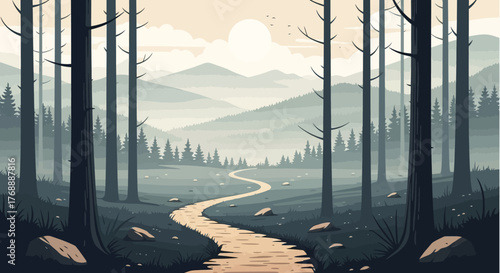 A winding path through a tranquil forest clearing with misty mountains in the background.
