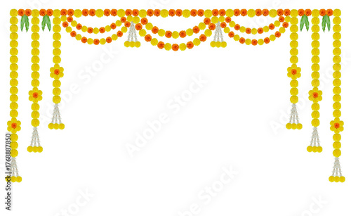 Indian pooja backdrop with marigold flowers design for home pooja, house warming, wedding and traditional events isolated on transparent background