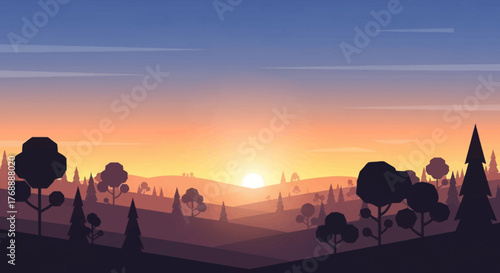 Minimalist vector illustration of a tranquil forest landscape with rolling hills at sunrise.