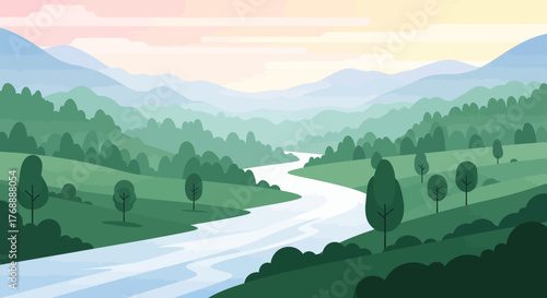 A beautiful illustration of a winding river flowing through a serene valley with green hills and distant mountains under a soft, colorful sky.