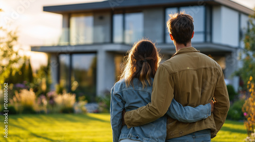A young couple standing in front of their new suburban house
