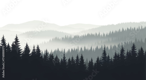A serene landscape featuring layers of misty mountains and dense evergreen forests.