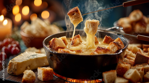 A delicious cheese fondue with bread cubes and grapes in a cozy setting