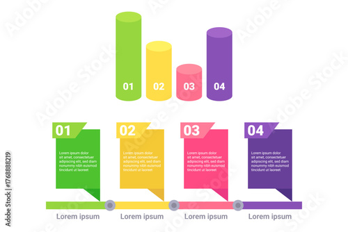 Infographic displaying set of colorful bar and line charts showing numerical data trends. Each section designed with vibrant colors to enhance viewers understanding of tinformation