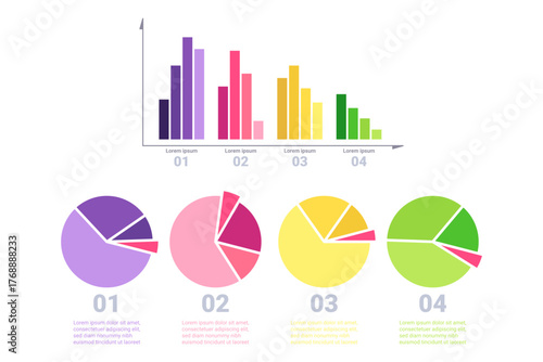 Infographic presenting colorful bar and pie charts displaying data trends and comparisons across different categories