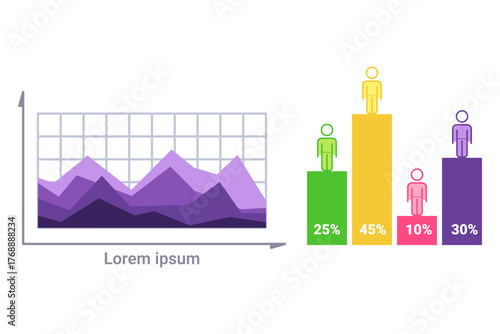 Infographic displaying data trends with line graph and bar chart. Left side showing fluctuating line graph, while right side highlighting categories with percentage values