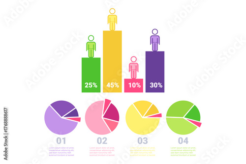 Infographic illustrating survey results with different colored bars and pie charts. Percentages of audience engagement and demographic breakdown