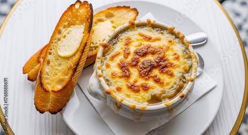 A classic French onion soup served in a white ceramic bowl, topped with melted, golden-brown cheese and a crispy toasted baguette slice with butter. Comforting and delicious.