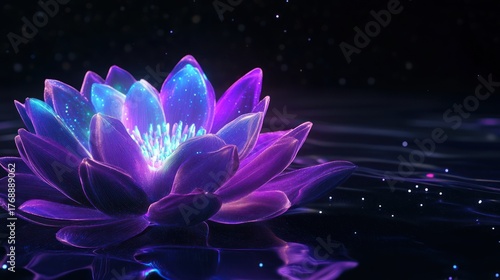 ethereal bloom aglow on tranquil waters, a captivating dreamscape of luminescent purples and blues creating a mesmerizing atmosphere