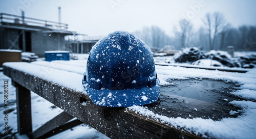 Blue hard hat covered in snow sits on a wooden bench at a construction site in winter, evoking cold weather work, safety, and construction industry resilience.  