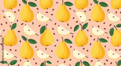 Cheerful and fresh seamless pattern featuring ripe yellow pears, pear slices, and scattered seeds on a soft pink background.