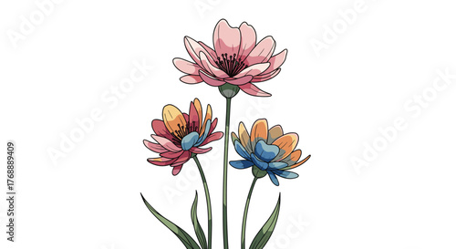 A vibrant watercolor illustration of three blooming flowers with pink, red, blue, and orange petals on a white background.