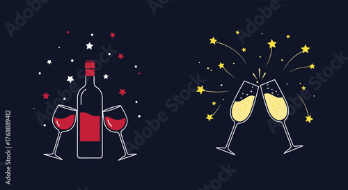 Celebratory illustrations featuring a red wine bottle with glasses and toasting champagne flutes with stars on a dark background.