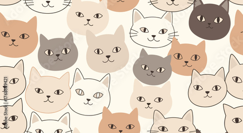 A delightful seamless pattern featuring numerous cute and friendly cartoon cat faces in soft, earthy tones, creating a cozy and adorable design.