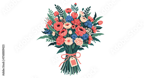 A vibrant and colorful hand-drawn floral bouquet, featuring an assortment of pink, blue, red, and cream flowers with lush green foliage, tied with a decorative pink ribbon and a blank gift tag.