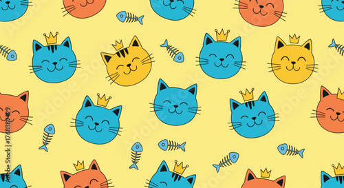 Cute seamless pattern with happy cartoon cats, some wearing crowns, and fish skeletons on a bright yellow background.