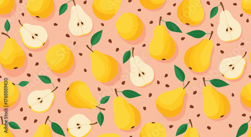 Seamless pattern with yellow pears, some whole and some halved, scattered on a pink background with small seeds.