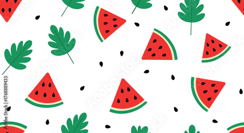 A bright and refreshing seamless pattern featuring vibrant watermelon slices, scattered green leaves, and black seeds on a crisp white background.