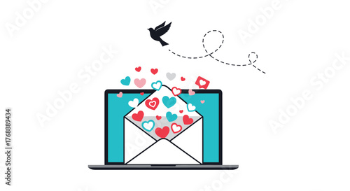 Conceptual illustration of a digital love message being sent from a laptop, with colorful hearts spilling out of an envelope and a bird flying a path.