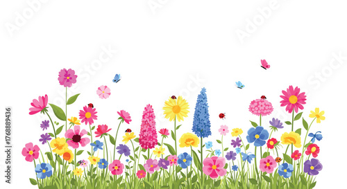 A lively collection of colorful wildflowers blooming in a green grassy field, with butterflies and ladybugs, on a bright white background.