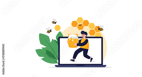 A man carrying a jar of honey emerges from a laptop screen, surrounded by bees, honeycombs, and green leaves, depicting online honey sales.