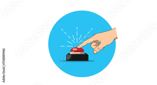 A human hand's index finger presses a prominent red button, indicating activation or a crucial action against a vibrant blue circular background.