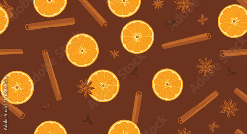 Vibrant and aromatic seamless pattern featuring orange slices, cinnamon sticks, star anise, and cloves against a warm brown background.
