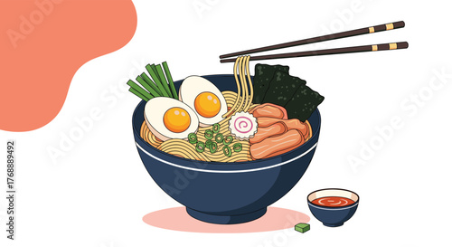 A vibrant illustration of a traditional Japanese ramen bowl, rich with noodles, soft-boiled eggs, chashu pork, nori, and narutomaki, served with chopsticks.