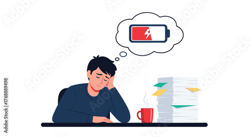 Overwhelmed worker feeling burned out at his desk with a huge stack of documents, contemplating his depleted energy represented by a low battery icon.