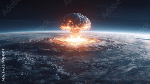 A view from space showing a massive nuclear explosion on Earth, depicting global conflict, human fragility, and the perilous balance between technology and survival.
