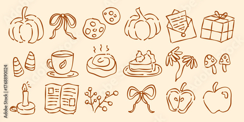 Set of hand drawn autumn elements. Whimsical autumn and fall illustration. Coquette autumn. Hand drawn pumpkin, cookies, tea, apple, letter, book in brown.