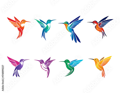 Eight stylized hummingbirds in various colors against a black background arranged in two rows of four